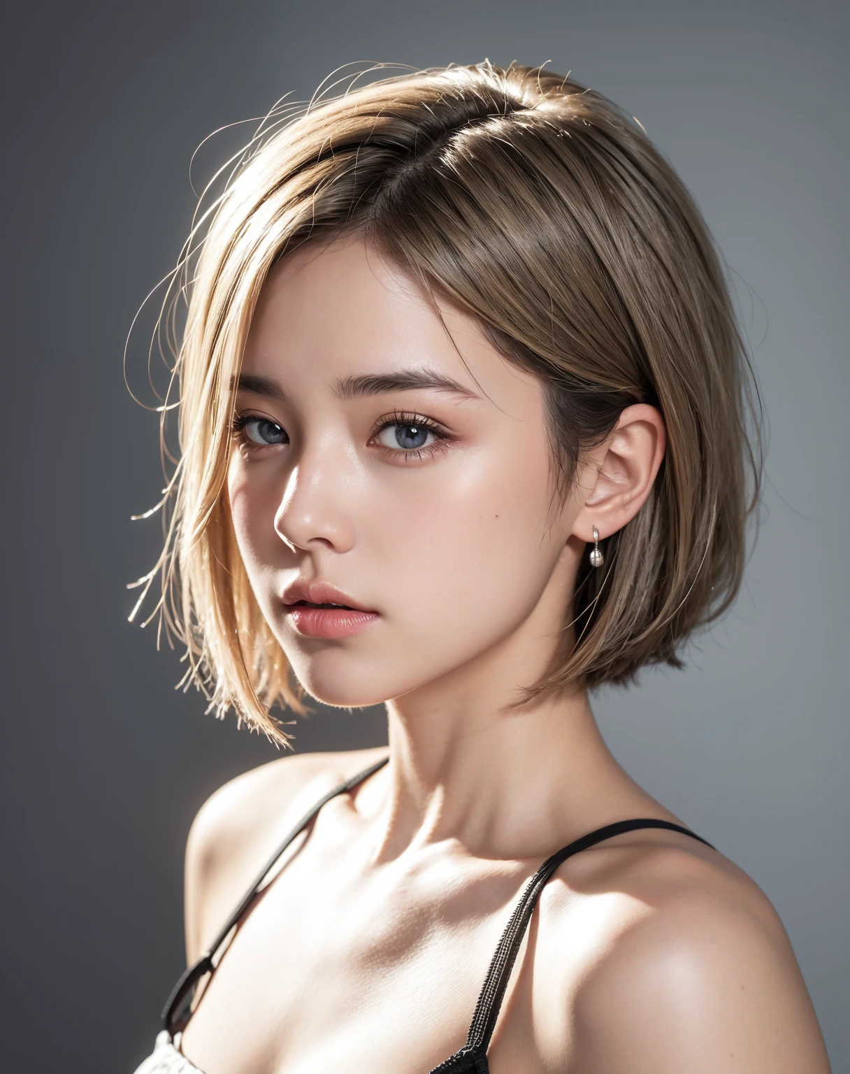 (RAW photo, best quality, masterpiece: 1.5), (photorealistic:2), best lighting, 20 years old, (light gray hair, short bob cut, hair in 7 thirds, hair over one ear, :1.3), (symmetrical eyes, solo, detailed skin:1.2), looking at viewer,