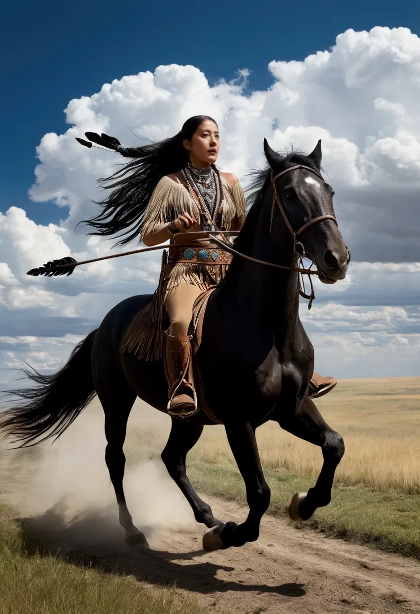 8K Quality, Ultra-high definition real photo, Native American woman, bold and beautiful, , black hair braided and feathered, riding a black horse, the horse has a lustrous coat and no saddle, she is heading to battle with a spear and a bow and arrow, the setting is the American Great Plains, the sky is clear and the shadows are deep, thin white clouds are blowing in the wind in the distance, the camera powerfully captures her galloping on horseback.