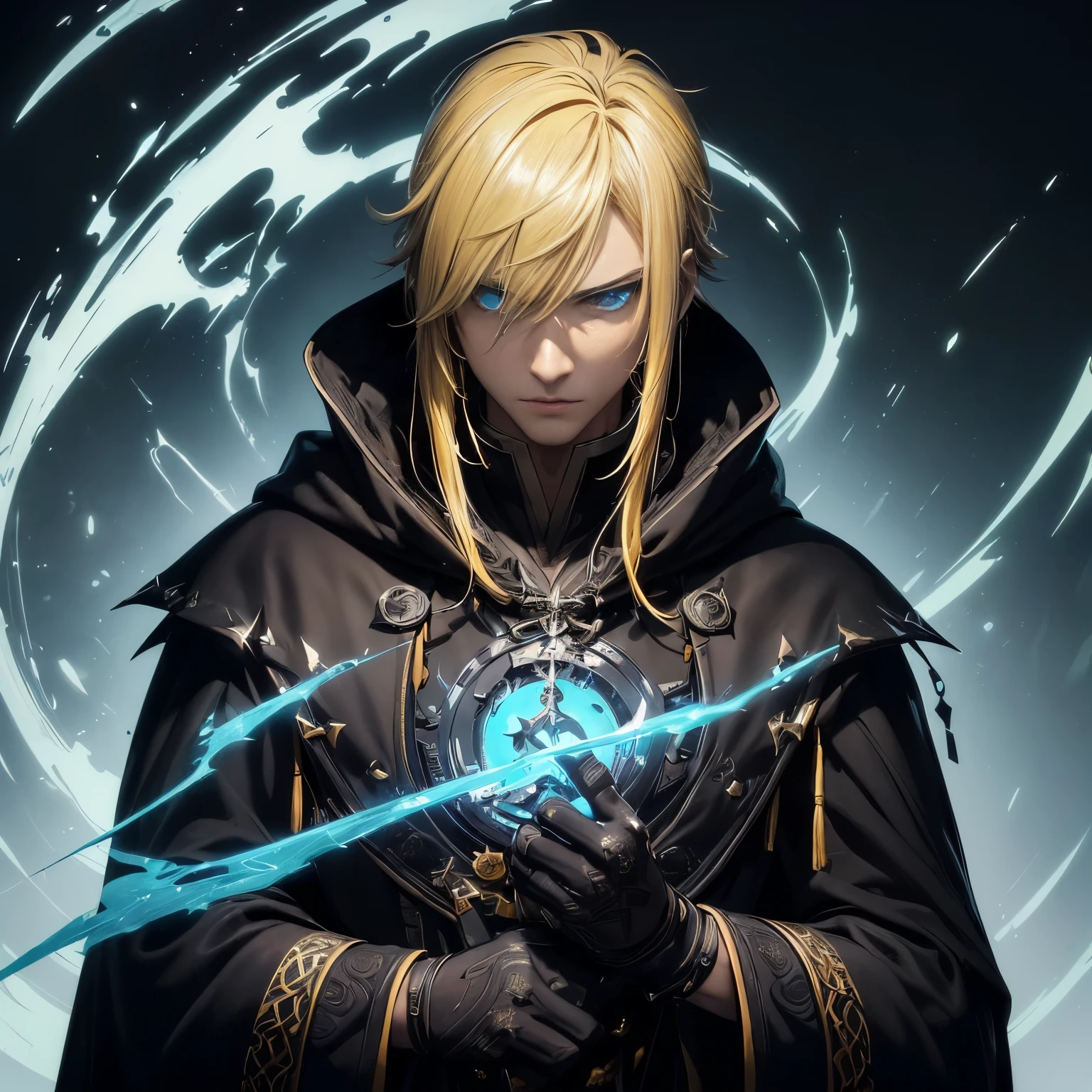 (in 8K、top-quality、masterpiece:1.2)、Vampire、Cyberpunk men、fantasy worlds、dark backgrounds、Clean design、Magnificent Instagram、art stations、Colorful paint splatter、silhuette、Ultra-detailed intricate details、unrealengine、Fantasia、intricate detailes、Splash Screen、Complementary color scheme、Fantasy concept art、an oil painting、heavy strokes、Paint dripping、(isolated on white:1.3)、Rainbow skin、(((Handsome young man)))、(glowingblueeyes)、 ((Bright eye)), (( spiky Long Yellow hair:1.1))), ((Black Millitary Coat)), (prinz\\(indifferent look\\),(Wearing a luxurious black robe with high detail))), Yellow-haired, Frost Rune magic, ((breastsout), ((Wizard)).