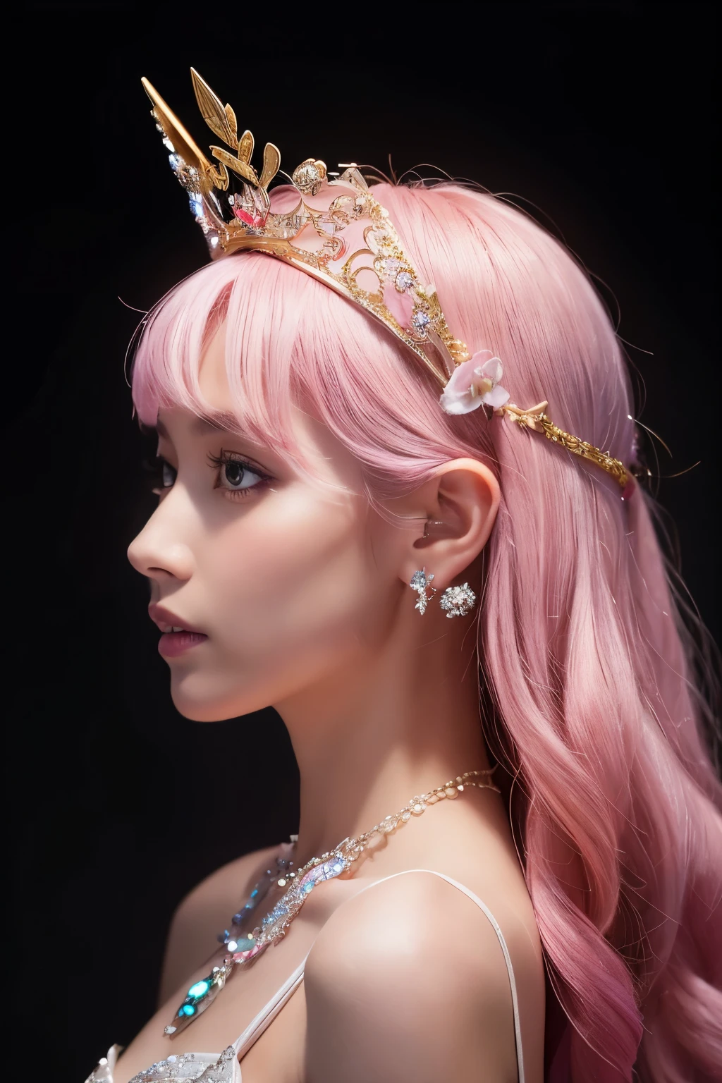 A radiant light pink unicorn, adorned with a sparkling diamond necklace and a princely crystal crown perched upon its head, is captured in a side profile. The image is bathed in low saturation, set against a pure black background. This high-definition masterpiece, captured in pure photography, boasts a stunning level of detail, thanks to a close-up 150mm shot. The overall size of the image is a captivating 2:3 ratio, showcased in an ultra-clear 8k resolution.