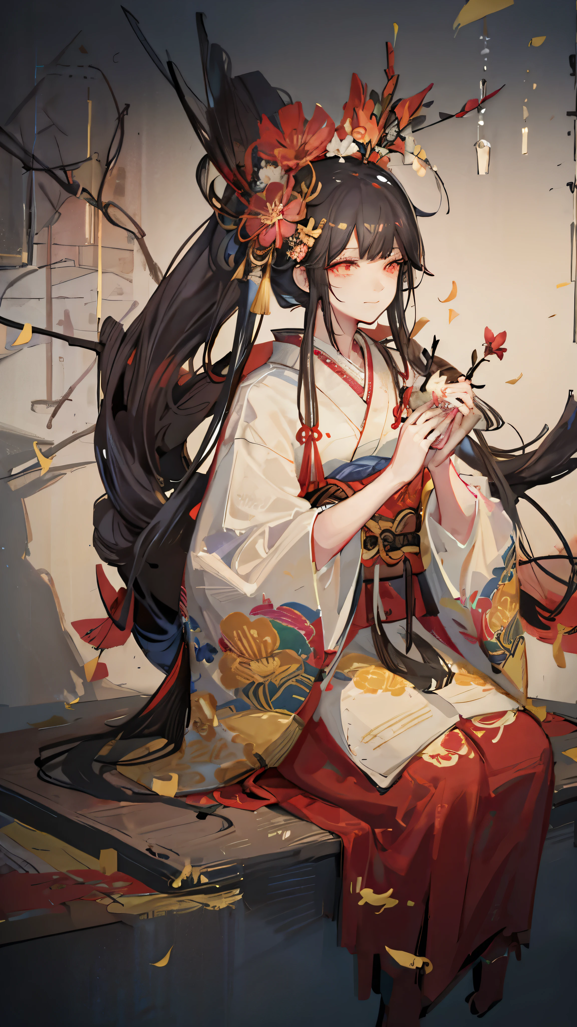 Highest quality, Pixiv, Black Hair, hair ornaments, kimono, hair flower, flower, kimono, mask, One girl, Sitting, Long Hair, with own hands, View your viewers, 6+boy, pray, multiple boy, Flower pattern print, Wide sleeves, fear, Apparition, scared, ugly, chiaroscuro, cinematic lighting, (masterpiece:1.2), UHD, high details, best quality, highres, 8k