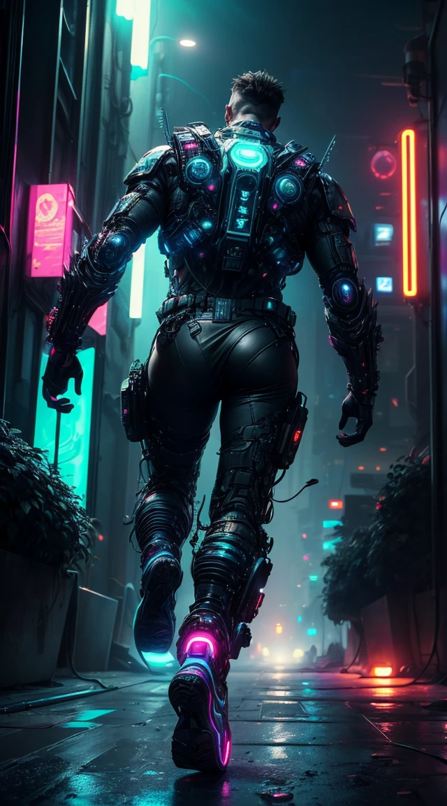 (masterpiece:1), 8K, unreal engine, hyperrealistic, reflexions/refraction, (HDRI illumination), "An intrepid cyborg/bionic/hero running on a flying hoverboard, ((nuclear/electromagnetic (quantum driven)), with futuristic sneakers from the year 3000, cyberpunk atmosphere, neon city lights, he is wearing and armour cyber-futuristic military grade.