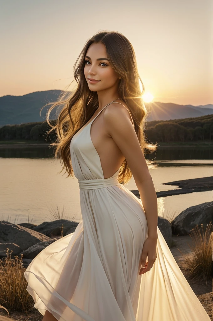 Create an image of a stunningly beautiful girl with long, flowing hair that catches the light. She has radiant, flawless skin, expressive eyes that sparkle with life, and a warm, captivating smile. She is wearing an elegant dress that complements her graceful figure. The background is a picturesque, serene landscape with a soft, golden sunset casting a gentle glow over the scene."