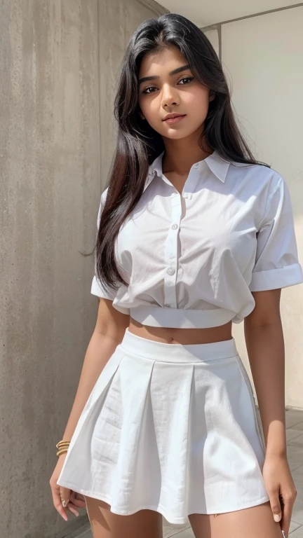 A Cute Indian 18 Year Old Girl , Wearing White Shirt And Black Skirt , Very Cute , realistic ,8k Image , High Quality , hung , Very Hot 