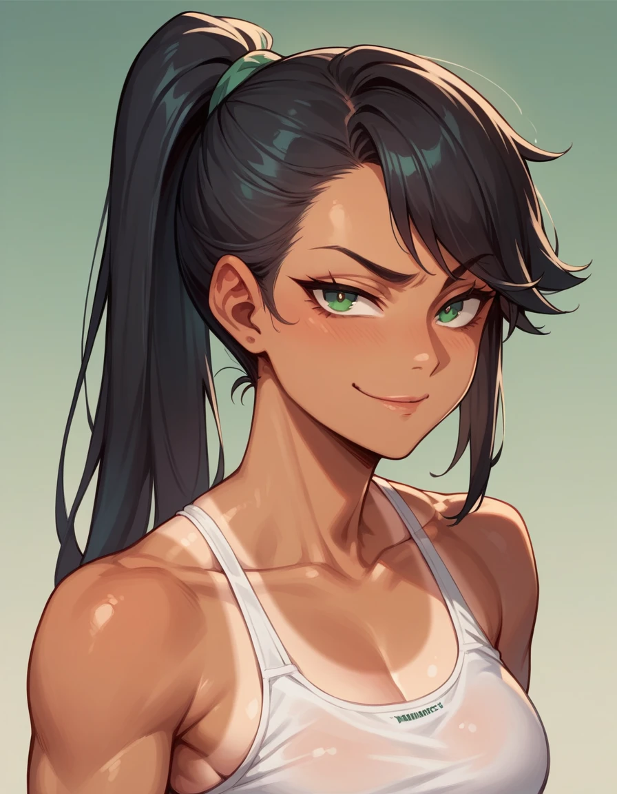 (best quality), 1girl, female, tanned skin, black hair, high ponytail, side swept bangs, long hair, green eyes, perfect eyes, tan lines, athletic, smug, masterpiece, anatomically correct, highres
