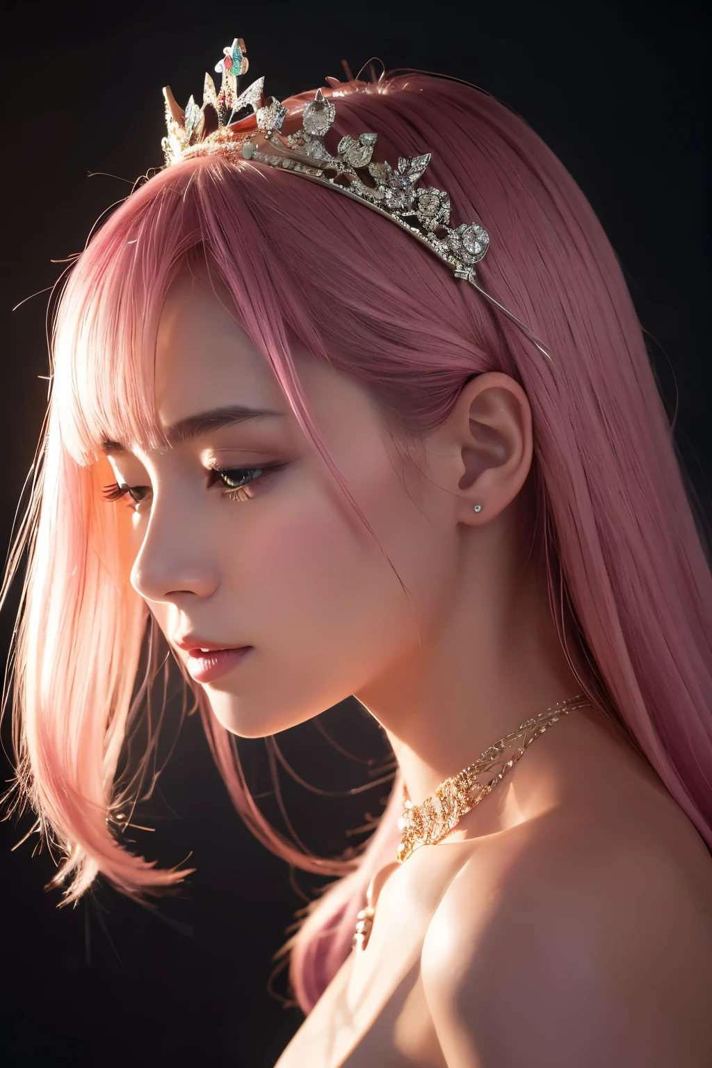 A radiant light pink unicorn, adorned with a sparkling diamond necklace and a princely crystal crown perched upon its head, is captured in a side profile. The image is bathed in low saturation, set against a pure black background. This high-definition masterpiece, captured in pure photography, boasts a stunning level of detail, thanks to a close-up 150mm shot. The overall size of the image is a captivating 2:3 ratio, showcased in an ultra-clear 8k resolution.