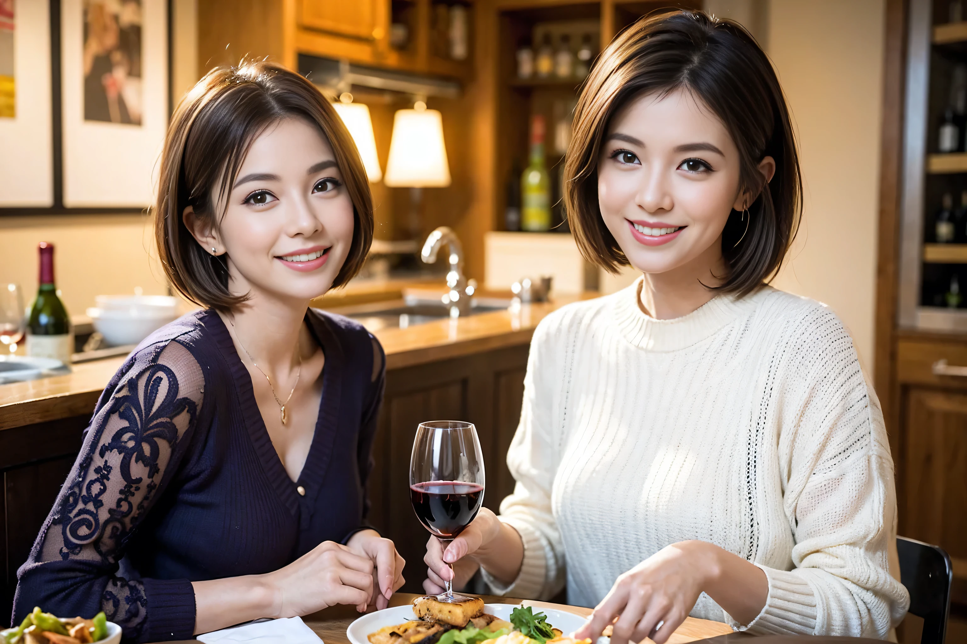 (Realistic:1.1),(masterpiece,Highest quality),8k,(49 years old), 50 years old, slimカップル、Tight waist,Upper Body,full-course dinner、wine 、Amazing view of the sunset sky and clouds、Perfect Anatomy, Brown Hair, short hair,Random Hairstyles,((Highly detailed face and eyes:1.2)),Perfect golden ratio face,Long sleeve shirt、dress,(smile:1.2)、Shortcuts、cute、(Realistic, Intricate details:1.2), A bright smile、short hair,Bright Face、赤wine 、Appetizers、Italian food、wine bottle、Champagne、スパークリングwine、(slimな顔), (The body is slim), (Brown Hair), (Shortcuts), Upper Body, 白wine, slim, wineグラス,