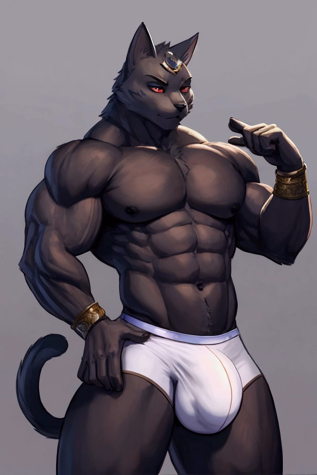 Black muscular cat lies. Tight underpants. big bulge