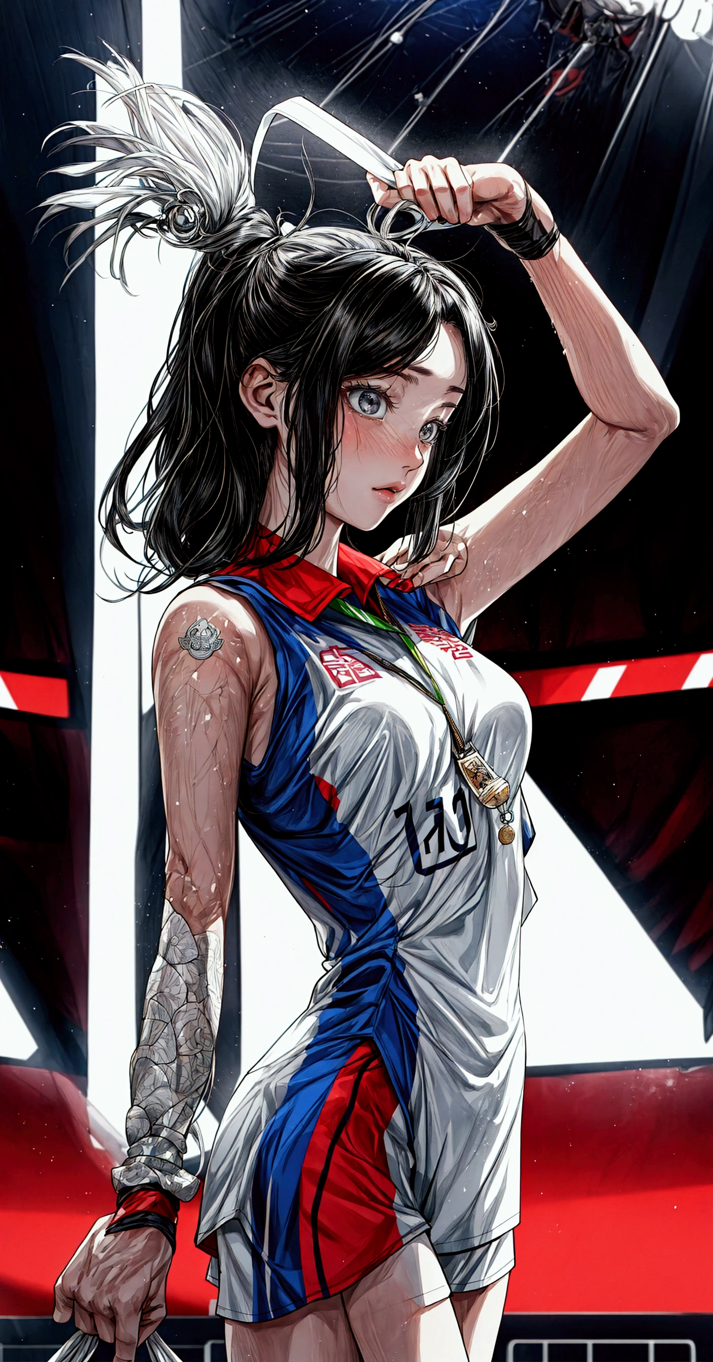 lineart, monochrome, A sports circle receives an award on stage, (cheer),(sports venue), (((whole body))),{(holding a medal in hand)}, taken in 2 0 2 0, Gemma Chan, mei-ling zhou, wenfei ye, open, yun ling, maya takamura, Olympic Games Photos, {{ Perfect facial proportions}},{{masterpiece}}, {{{best quality}}},{{Extremely detailed}}, {{illustration}},{{masterpiece}},{{{best quality}}},{{Extremely detailed}}, Photorealism,realism,Reality,High Detail,Ultra-high quality,high resolution,Popular on artstation,超realism,HD,16K,Unreal Engine,rendered on octane,Corona Rendering,Tilt Shift,Bottom View,Rembrandt Lighting,