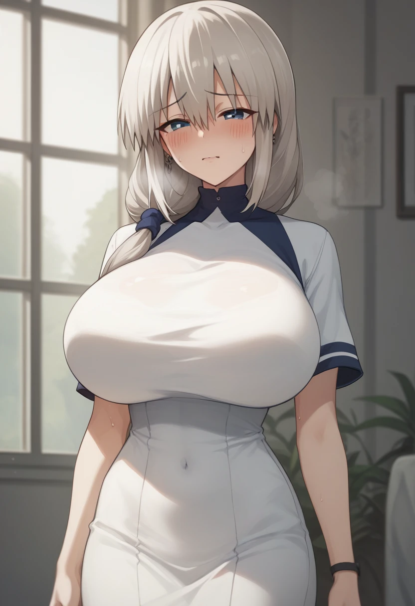 Huge breasts、blush、Sweat、In the heat、Long white hair、Braiding、uzaki_fortune、
{Highest quality}, {so beautiful}, {Very detailed}, {Best illustrations},Life、slim:1.5、Short Sleeve Long Maxi Dress(tight)、Are standing、