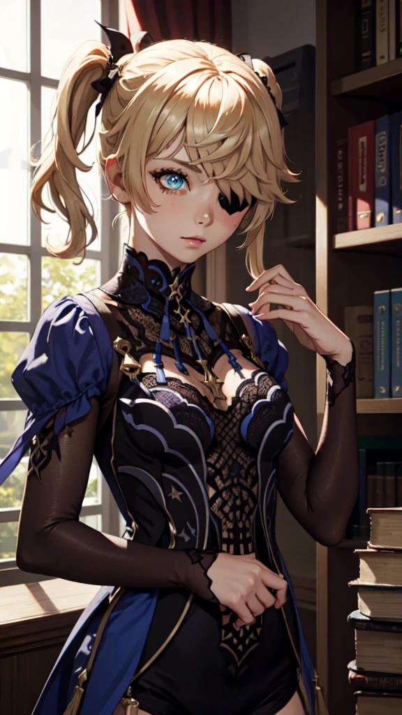 Young blonde girl in a library, black eye patch, twin small ponytails,
BREAK (masterpiece:1.2), best quality, high resolution, unity 8k wallpaper, (illustration:0.8), (beautiful detailed eyes:1.6), extremely detailed face, perfect lighting, extremely detailed CG, (perfect hands, perfect anatomy),black eye patch.