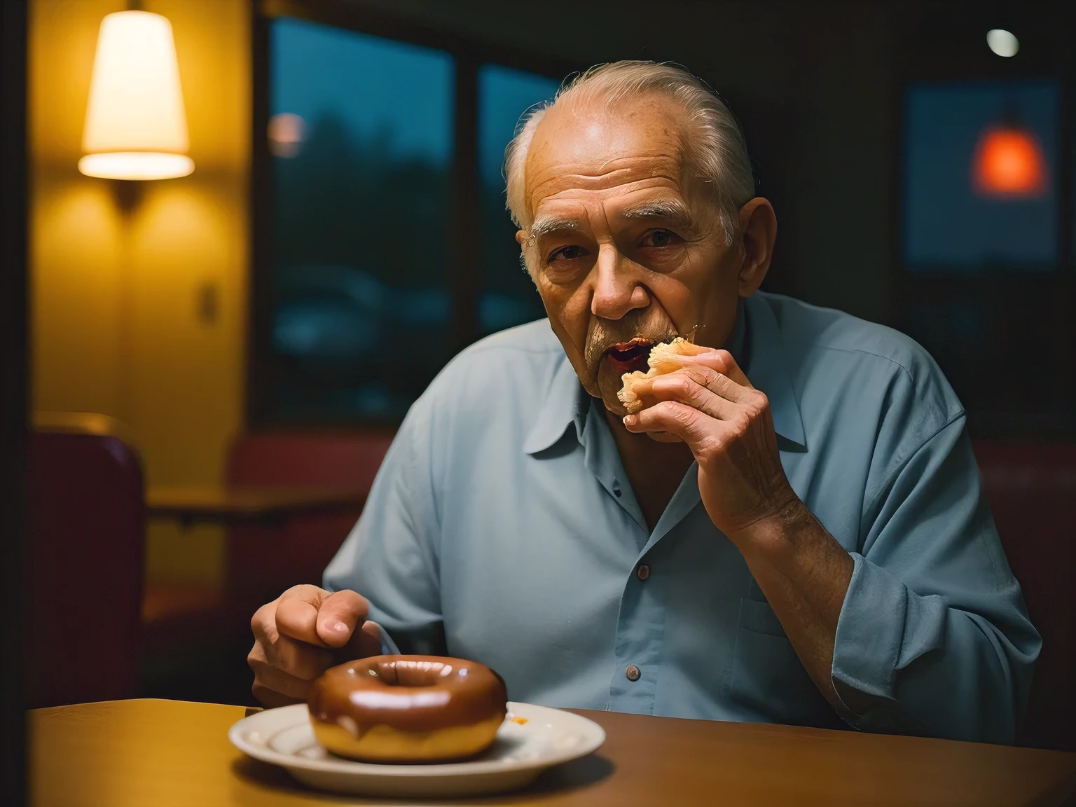 old man, eating donut, diner, dimly lit, midnight, depth of field, film grain, (style of peter wileman), 