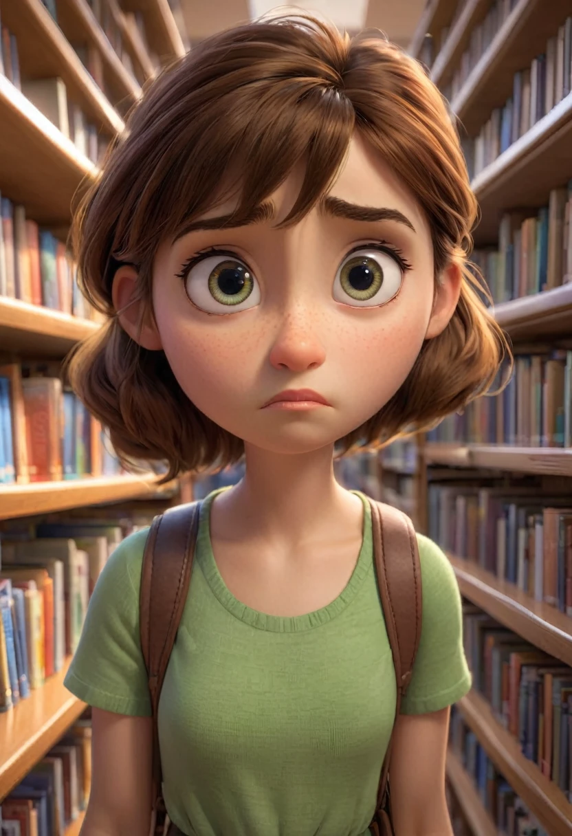 Standing in a library. Face shows she's sad. High-quality hdr Pixar picture.