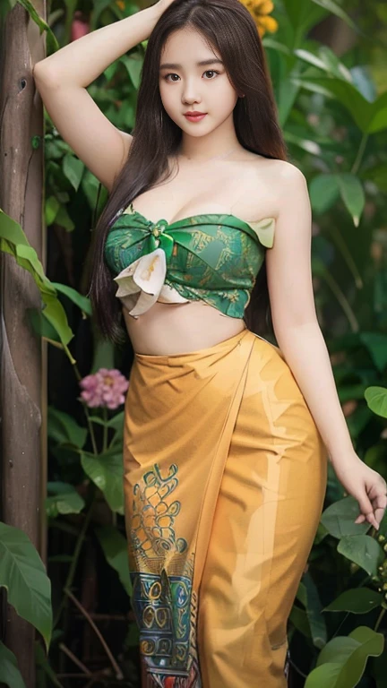 Burmese girl with attractive curvy full body.  Friends full-length bikini, (green dress) reflective long dress painted with flower patterns, only dress.  hi gh hips  High resolution  High resolution  natural background  High resolution  HD  3D,  8K cartoon anime 