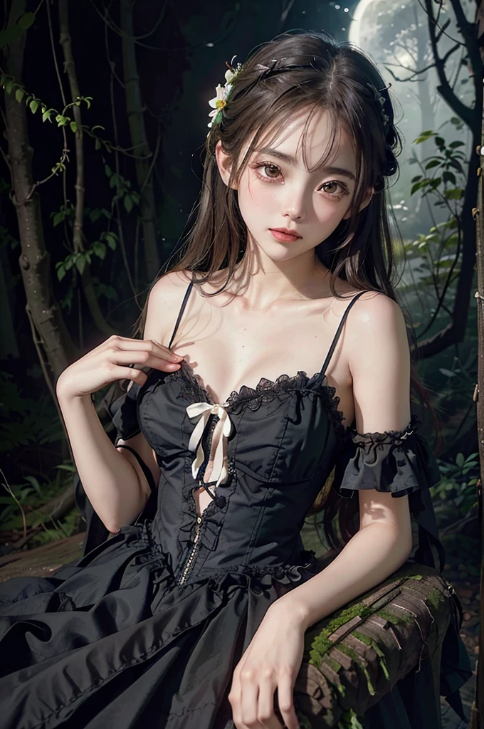 ta1,dress,flower, (Night), a beautiful girl sitting on a fallen tree in a moonlit forest, her chest partially visible, leaning back with her elbows supporting her body, 1girl, detailed face, moonlight, atmospheric lighting, detailed environment, lush forest, dramatic lighting, cinematic, moody, fantasy