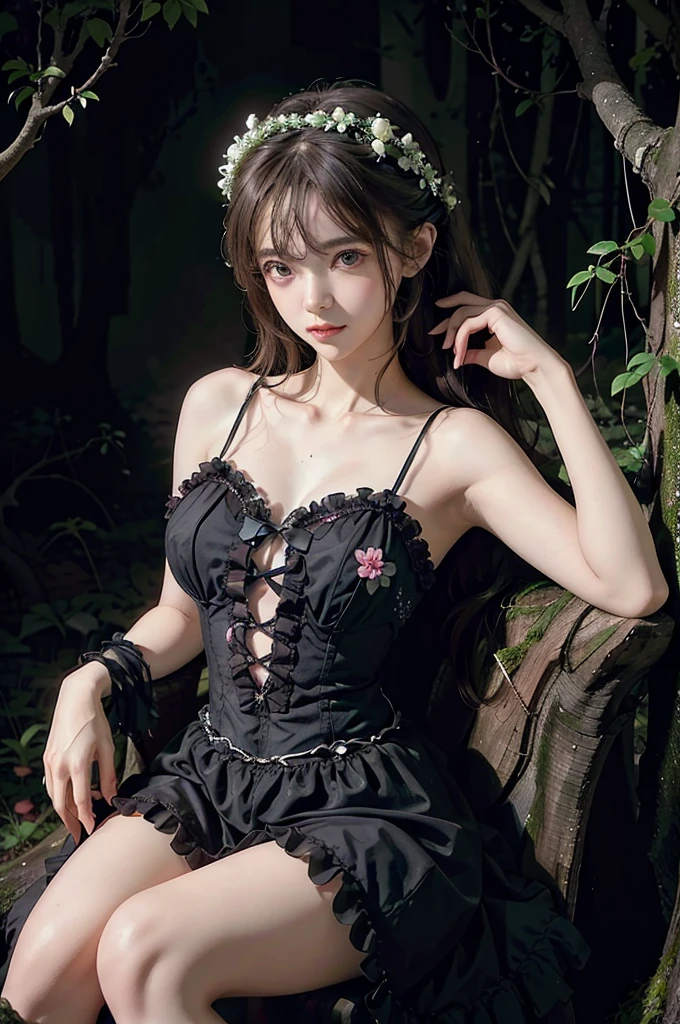lolita1,dress,flower, (Night), a beautiful girl sitting on a fallen tree in a moonlit forest, her chest partially visible, leaning back with her elbows supporting her body, 1girl, detailed face, moonlight, atmospheric lighting, detailed environment, lush forest, dramatic lighting, cinematic, moody, fantasy