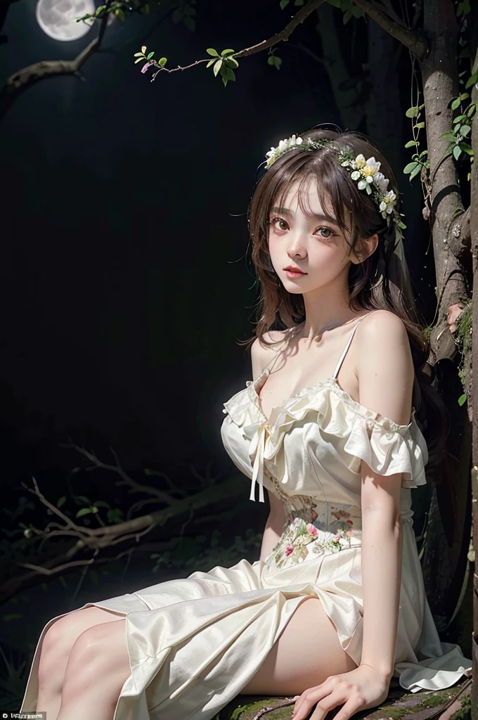lolita1,dress,flower, (Night), a beautiful girl sitting on a fallen tree in a moonlit forest, her chest partially visible, leaning back with her elbows supporting her body, 1girl, detailed face, moonlight, atmospheric lighting, detailed environment, lush forest, dramatic lighting, cinematic, moody, fantasy
