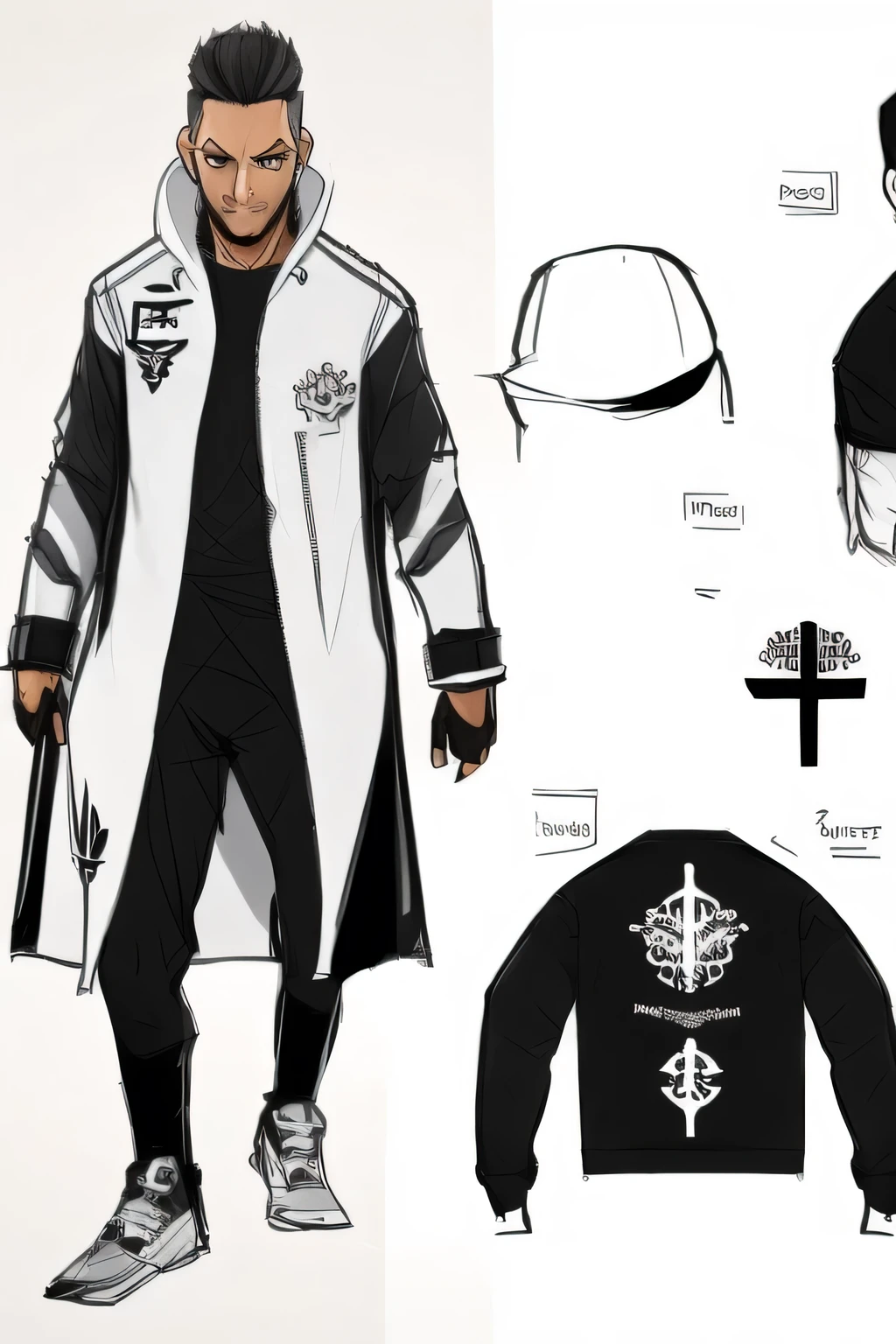 villain uniform outfit with black and white clothing and cross emblem on it concept art