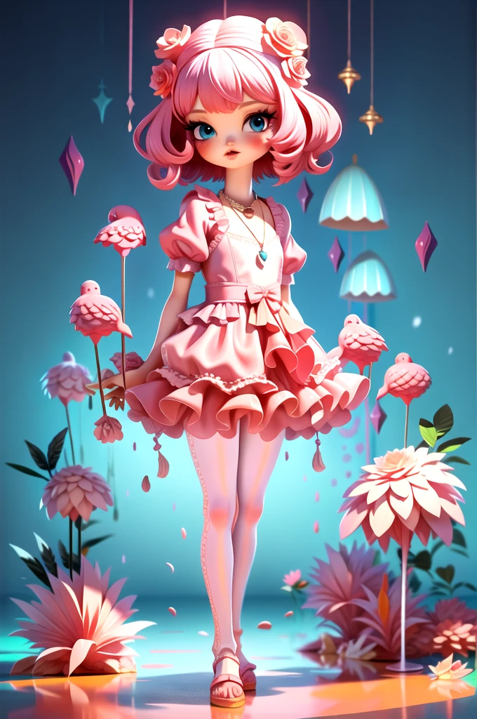 LU,1girl,pink hair,blue eyes,flower,solo,dress,short hair,necklace,jewelry,rose,standing,pantyhose,full body,bird,feathers,