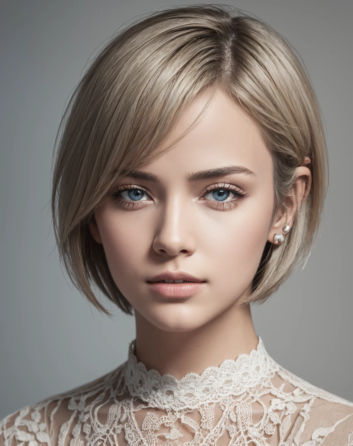 (RAW photo, best quality, masterpiece: 1.5), (photorealistic:2), best lighting, 20 years old, (light gray hair, short bob cut, hair in 7 thirds, hair over one ear, :1.3), (symmetrical eyes, solo, detailed skin:1.2), looking at viewer,