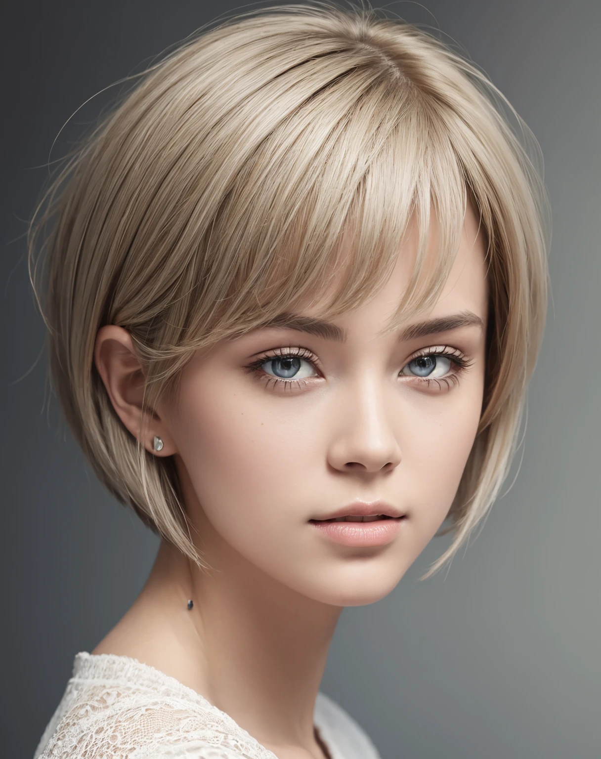 (RAW photo, best quality, masterpiece: 1.5), (photorealistic:2), best lighting, 20 years old, (light gray hair, short bob cut, hair in 7 thirds, hair over one ear, :1.3), (symmetrical eyes, solo, detailed skin:1.2), looking at viewer,