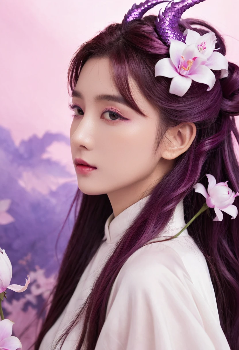 ((masterpiece, best quality)), (Negative Space: 1.2), (1 girl, Solitary: 1.4), petal, Pink Eyes, Dragon Girl, long, Purple Hair, High Ponytail, Liquid Hair Care, Flowers, Dragon Background