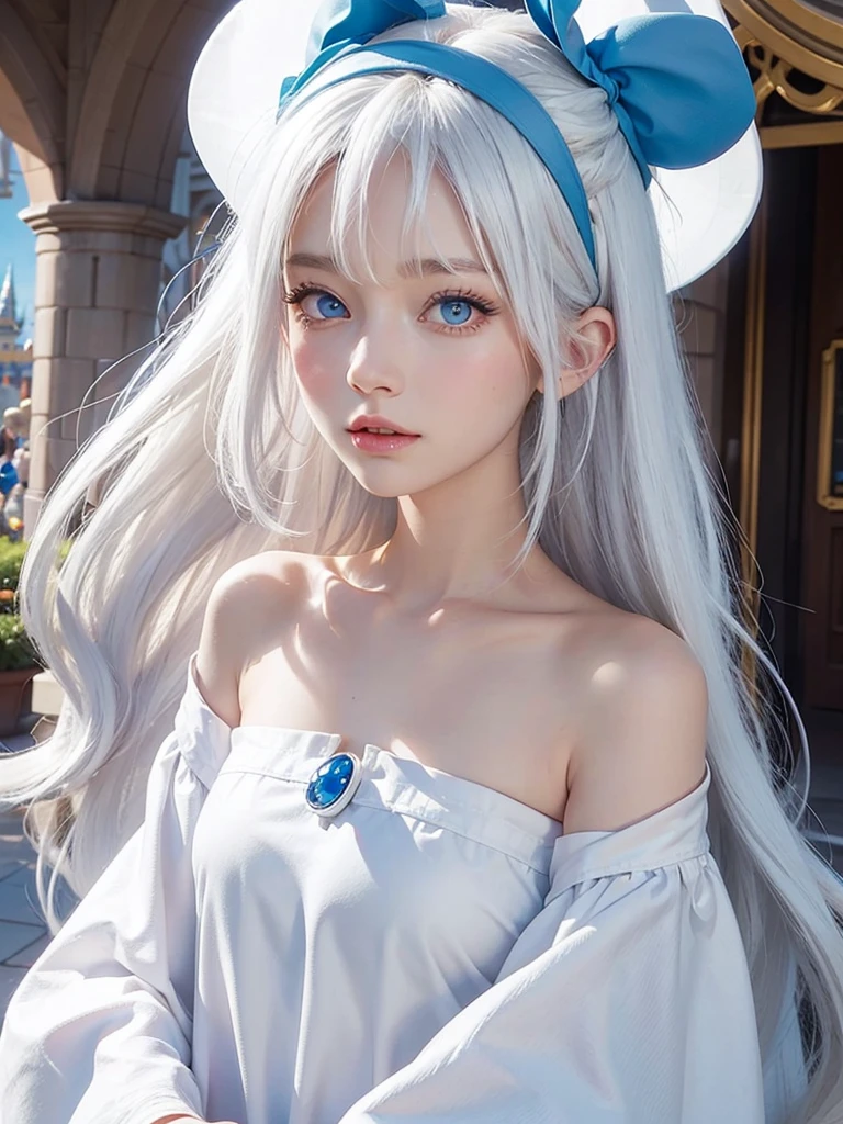 A beautiful woman with long white hair, a white shirt dress, blue eyes, and a Mickey Mouse headband on her head. Inside Disneyland.