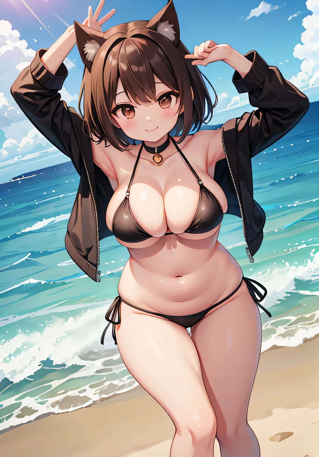 Highest quality、Big Breasts、Dog ears、Black Bikini、Brown eyes、short hair、smile、plump thighs、Ocean、brown