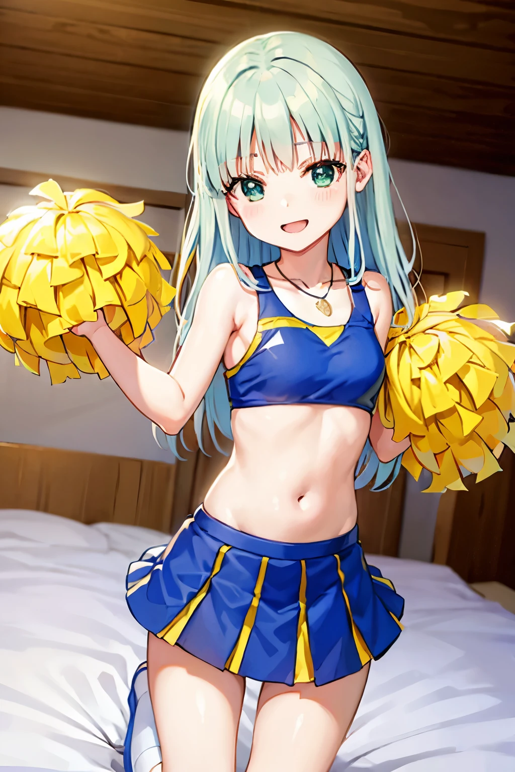 Cabello largo plateado, ojos verdes, headband, necklace, cheerleader costume, flat chest, muslos hermosos, sonrisa, happy, bedroom