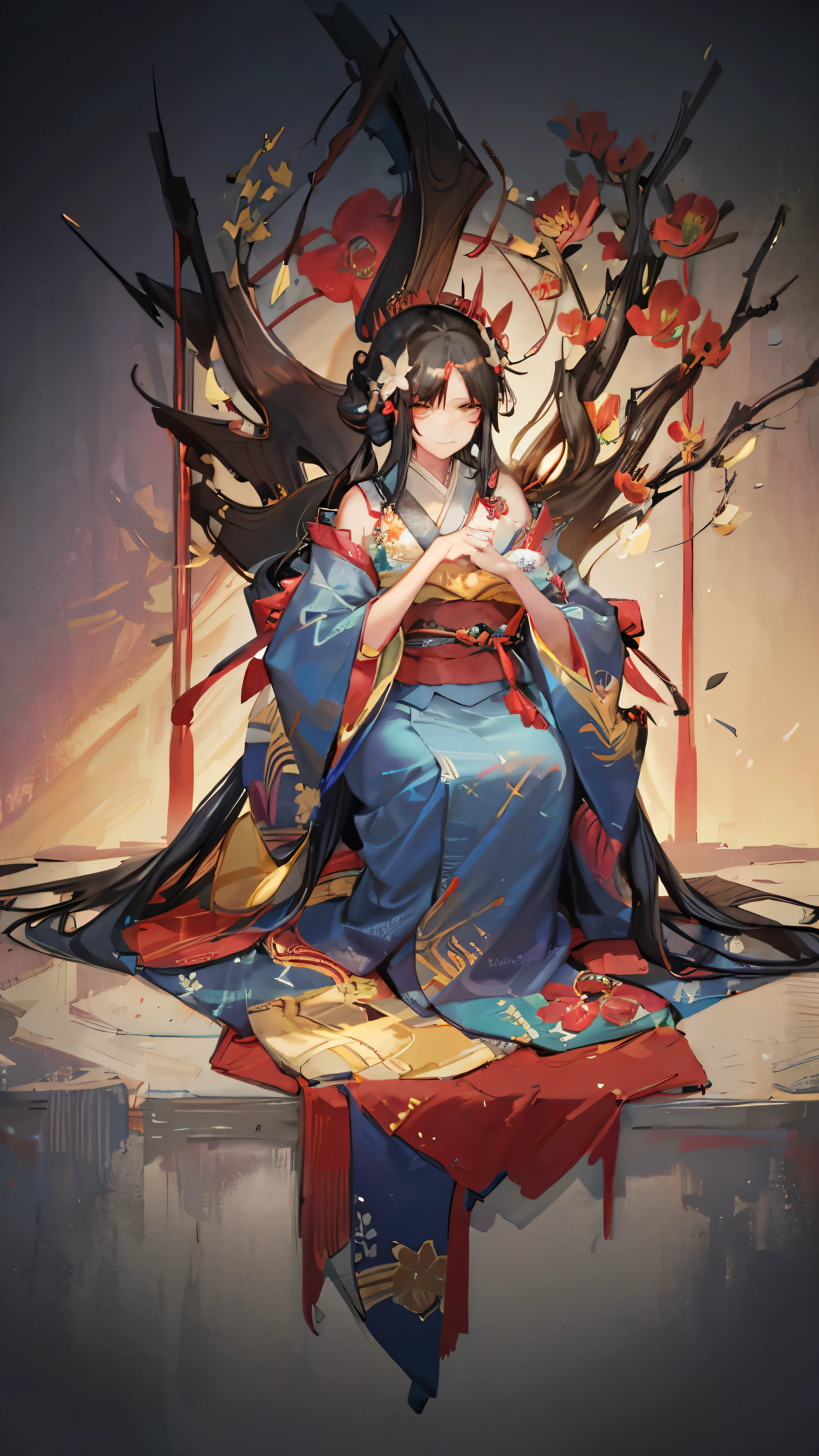 Highest quality, Pixiv, Black Hair, hair ornaments, kimono, hair flower, flower, kimono, mask, One girl, Sitting, Long Hair, with own hands, View your viewers, 6+boy, pray, multiple boy, Flower pattern print, Wide sleeves, fear, Apparition, scared, ugly, chiaroscuro, cinematic lighting, (masterpiece:1.2), UHD, high details, best quality, highres, 8k