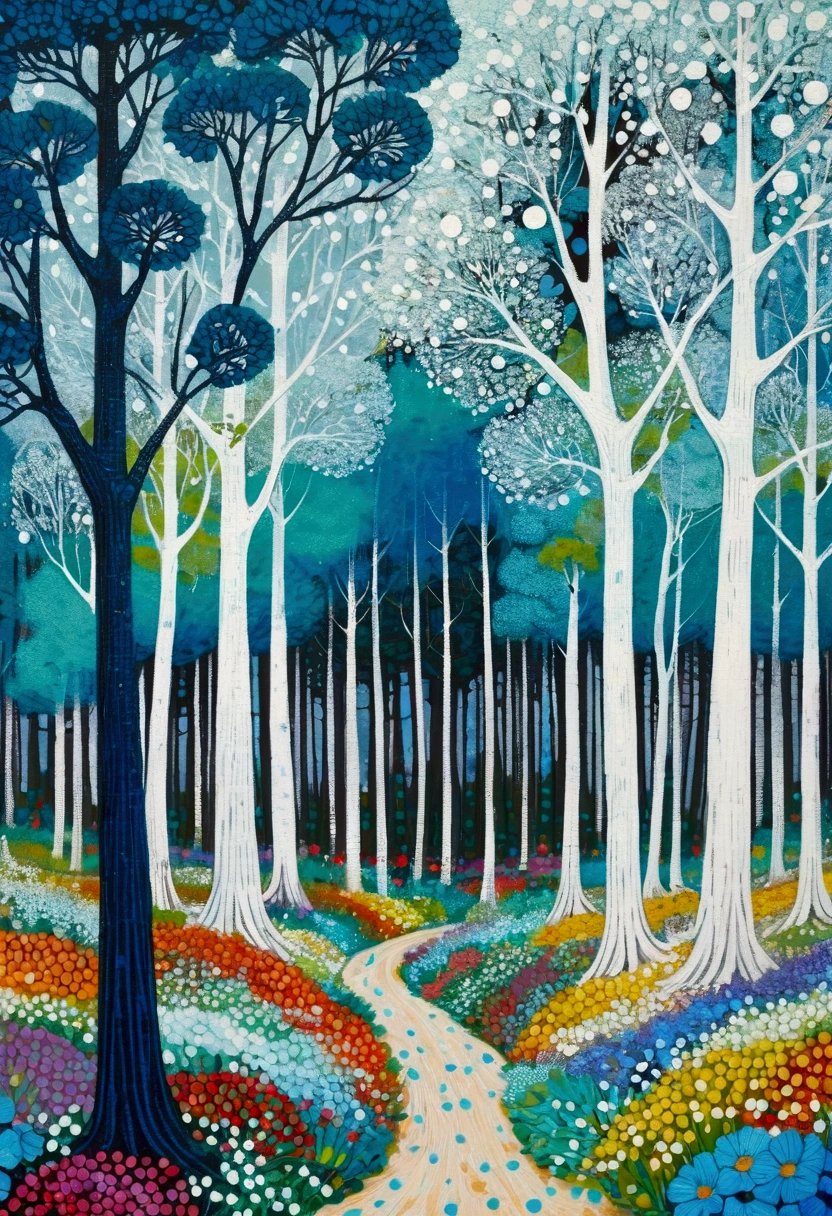 painting of a forest with Blue Tree and dots on the ground, Pointillism inspired by Arthur Burdett Frost, tumblr, art, forest with flowers blue, Blue Tree, blue forest, whimsical forest, forest. White Tree, Jane Newland, Trees and flowers, painting of a forest, woodland, Stanley Donwood (Stanley Donwood) style, bright forest