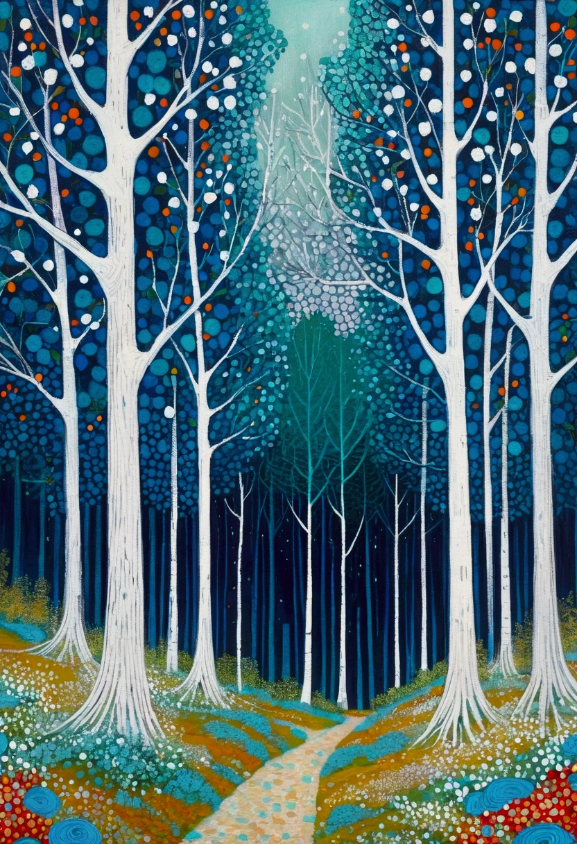 painting of a forest with Blue Tree and dots on the ground, Pointillism inspired by Arthur Burdett Frost, tumblr, art, forest with flowers blue, Blue Tree, blue forest, whimsical forest, forest. White Tree, Jane Newland, Trees and flowers, painting of a forest, woodland, Stanley Donwood (Stanley Donwood) style, bright forest
