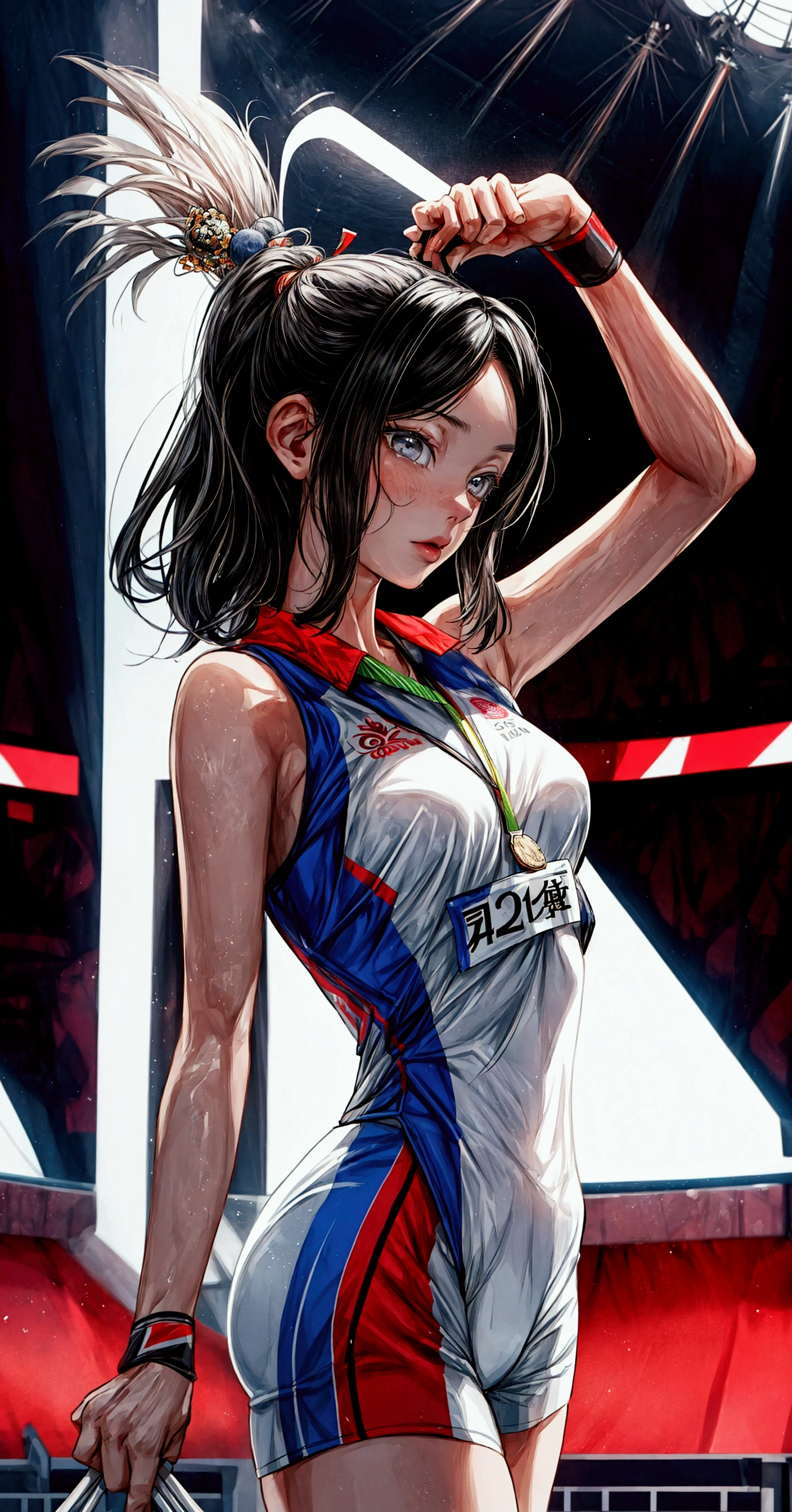 lineart, monochrome, A sports circle receives an award on stage, (cheer),(sports venue), (((whole body))),{(holding a medal in hand)}, taken in 2 0 2 0, Gemma Chan, mei-ling zhou, wenfei ye, open, yun ling, maya takamura, Olympic Games Photos, {{ Perfect facial proportions}},{{masterpiece}}, {{{best quality}}},{{Extremely detailed}}, {{illustration}},{{masterpiece}},{{{best quality}}},{{Extremely detailed}}, Photorealism,realism,Reality,High Detail,Ultra-high quality,high resolution,Popular on artstation,HD,16K,Unreal Engine,rendered on octane,Corona Rendering,Tilt Shift,Bottom View,Rembrandt Lighting,
