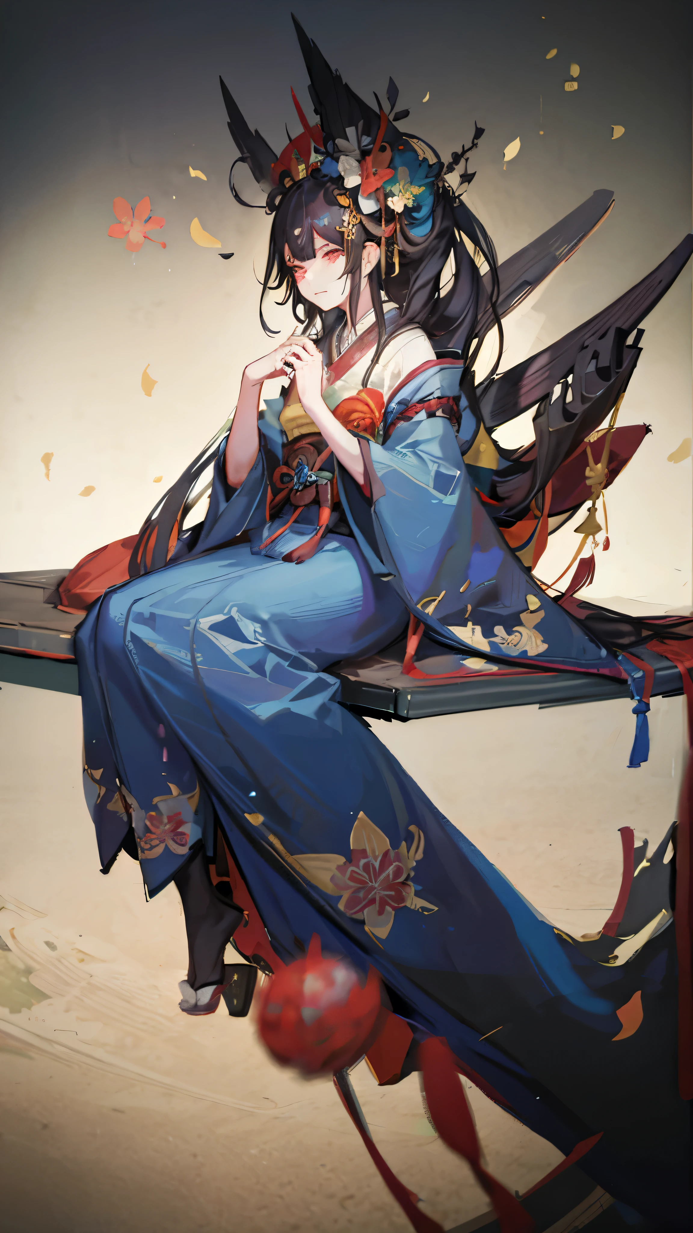 Highest quality, Pixiv, Black Hair, hair ornaments, kimono, hair flower, flower, kimono, mask, One girl, Sitting, Long Hair, with own hands, View your viewers, 6+boy, pray, multiple boy, Flower pattern print, Wide sleeves, fear, Apparition, scared, ugly, chiaroscuro, cinematic lighting, (masterpiece:1.2), UHD, high details, best quality, highres, 8k