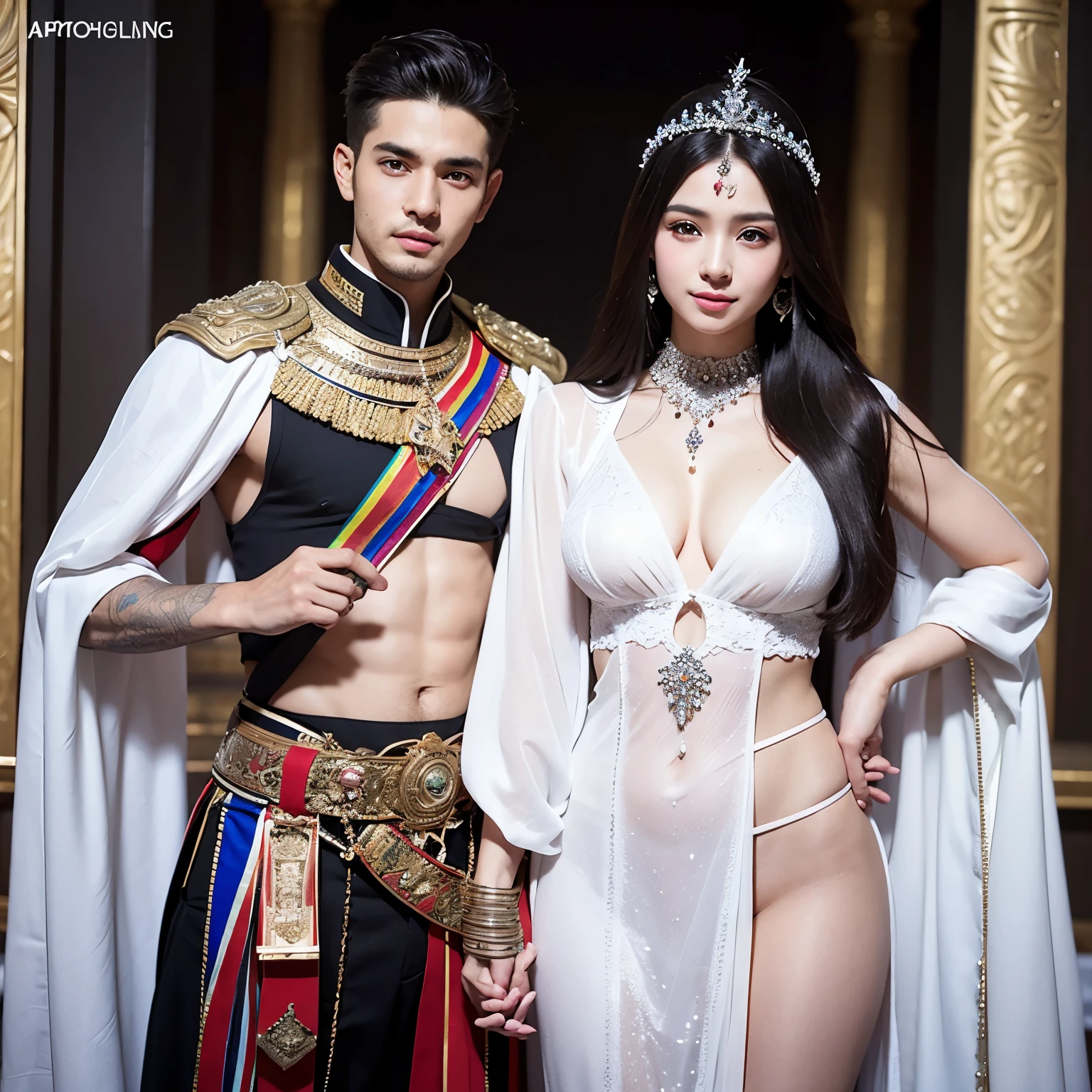 Warrior goddess couple handsome boy and beautiful girl, strong elegant, hyperdetailed face and eyes, mysterious sexy, stransparent dressed in Pharaoh lord's clothes, holding AK47, charming smile, Luis Royo, the couple standing rainbow and galaxy glow, Rubens crack style, dnd character, complex, super meticulous detail, super sharp faces, realistic hands, masterpiece, expert, crazy detail, 48k resolution, perfect Pathenol temple layout