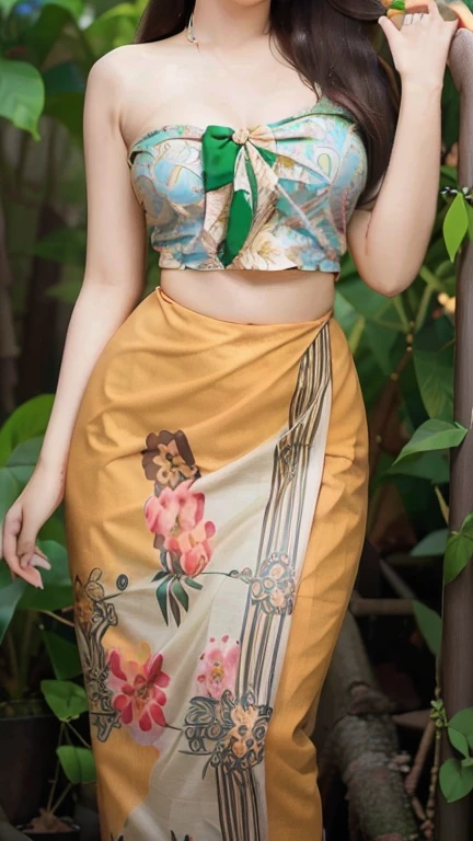Burmese girl with attractive curvy full body. Friends full-length bikini, (green dress) reflective long dress painted with flower patterns, only dress. hi gh hips High resolution High resolution natural background High resolution HD 3D, 8K cartoon anime