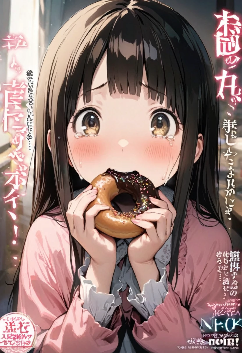 magazine cover(masterpiece, best quality:1.2),10-year-old poor girl，Eating Donuts, Sour expression, Tears（（（The eyes are delicate）））（8K）（HD）