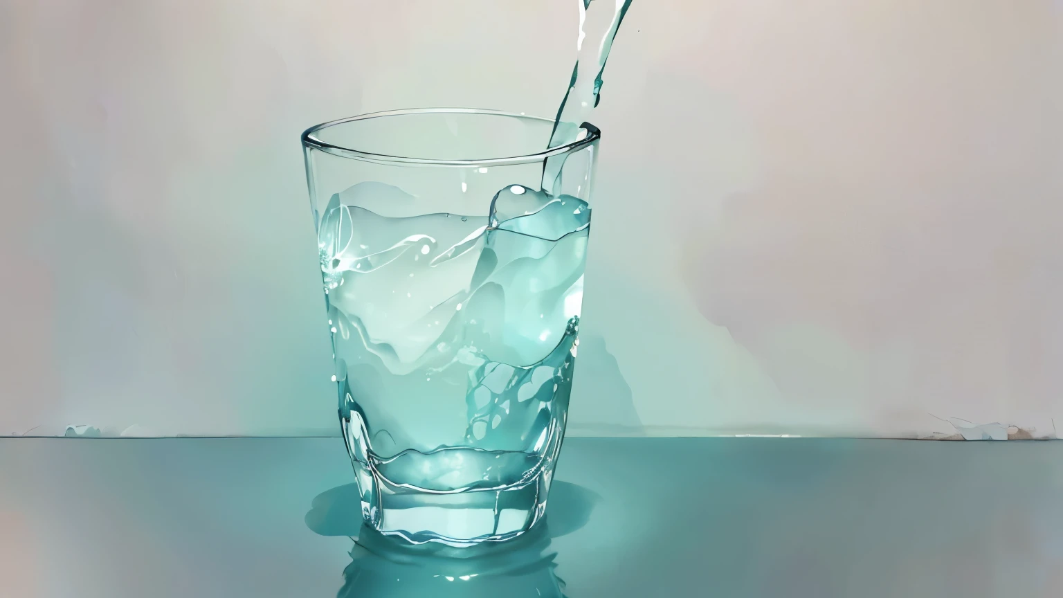 Illustration with watercolor paint、Emotional light illustration、Simple Abstract Space Background、One clear glass、Water is poured into a clear glass、Water is filled、The water overflows and spills