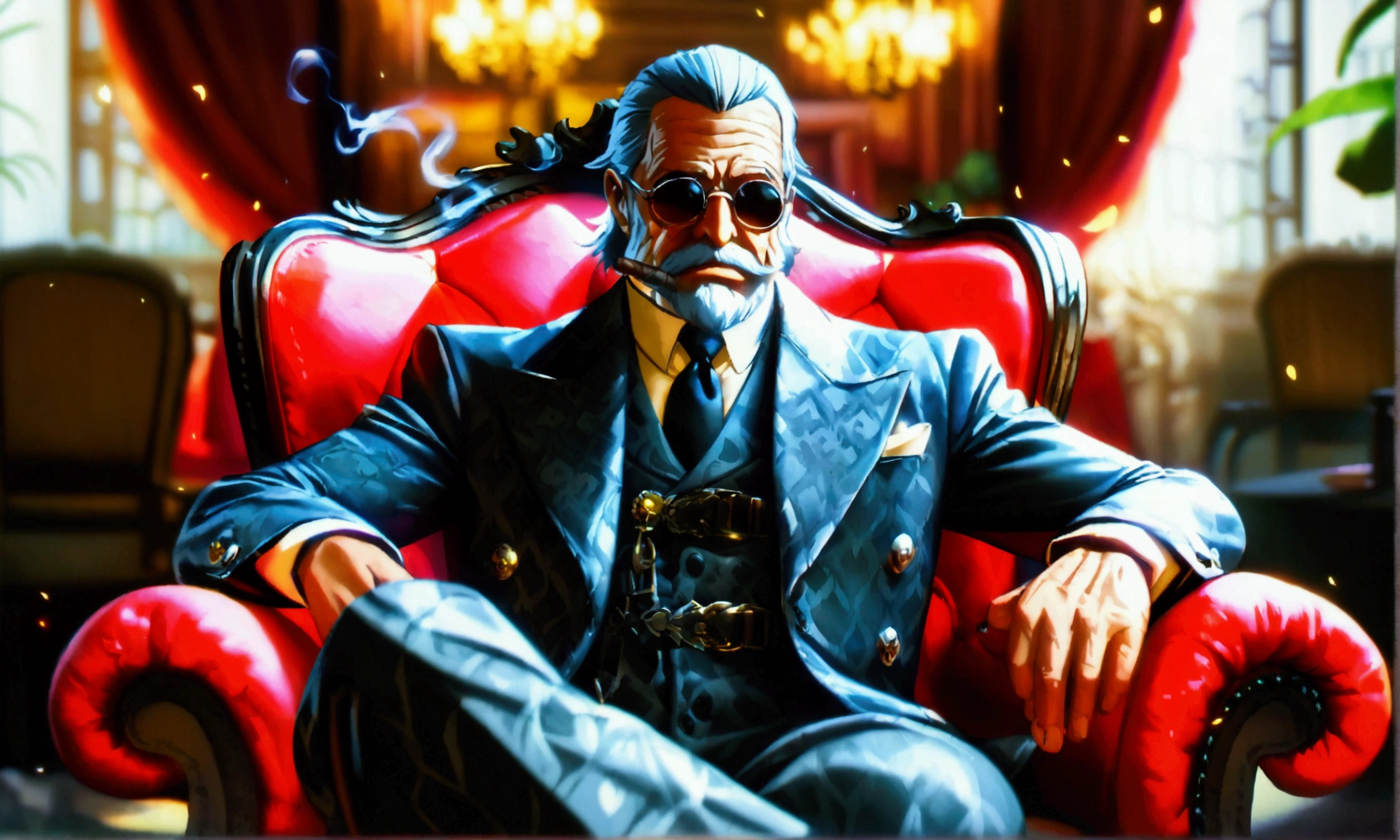 Old mafia man, gray ponytail hair, gray mafia suit, smoking a cigar, sitting in the armchair cross-legged, mafia mansion background, "Anime character design inspired by One Piece, full of dramatic and impressive lighting, focus on the centralized character, impressive face, full of creative details, 4K ultra-fine design, scenery bathed in creativity, boasting 2D anime resolution clarity, HD anime graphics, high-octane rendering"