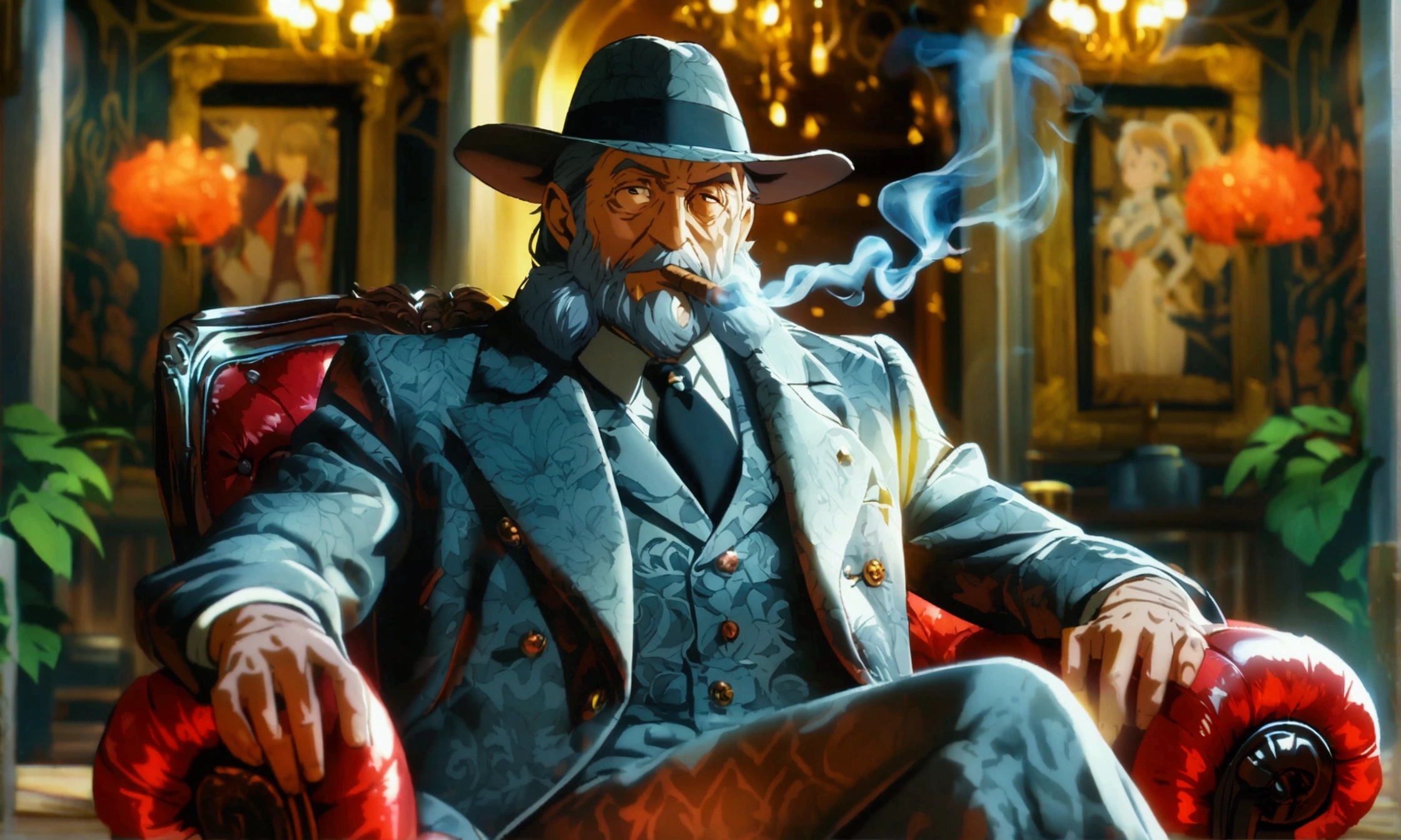 Old mafia man, gray ponytail hair, gray mafia suit, smoking a cigar, sitting in the armchair cross-legged, mafia mansion background, "Anime character design inspired by One Piece, full of dramatic and impressive lighting, focus on the centralized character, impressive face, full of creative details, 4K ultra-fine design, scenery bathed in creativity, boasting 2D anime resolution clarity, HD anime graphics, high-octane rendering"