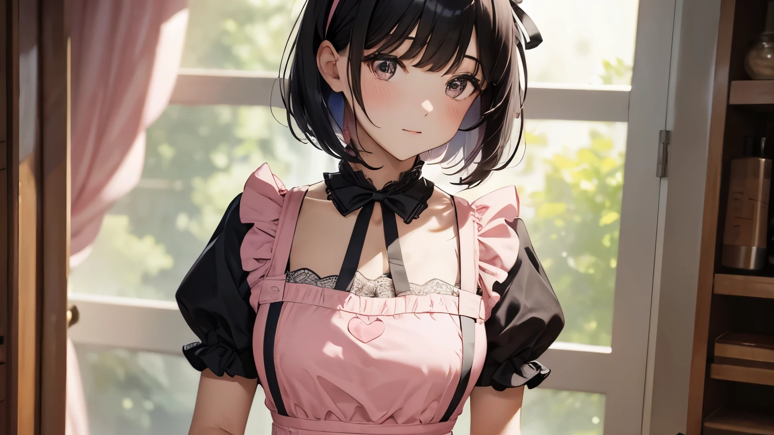 A beautiful woman wearing a pink apron dress with lots of frills and lace Short black bob with ribbon Upper Body