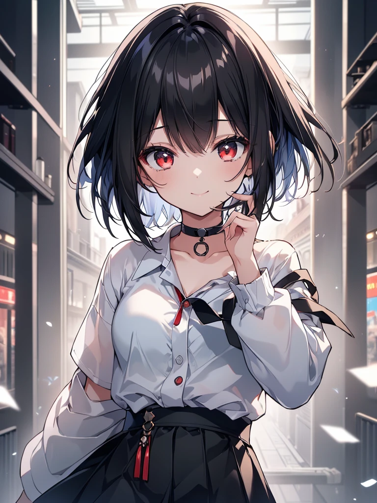 (masterpiece, highest quality, highest quality, (No text), Beautiful and aesthetic:1.2),No text,アニメ、BREAK,One Girl,Black Hair Girl short hair older sister choker Beautiful eyes Red eyes cool smile Looking to the side Black and white Black jacket mini skirt whole body In town