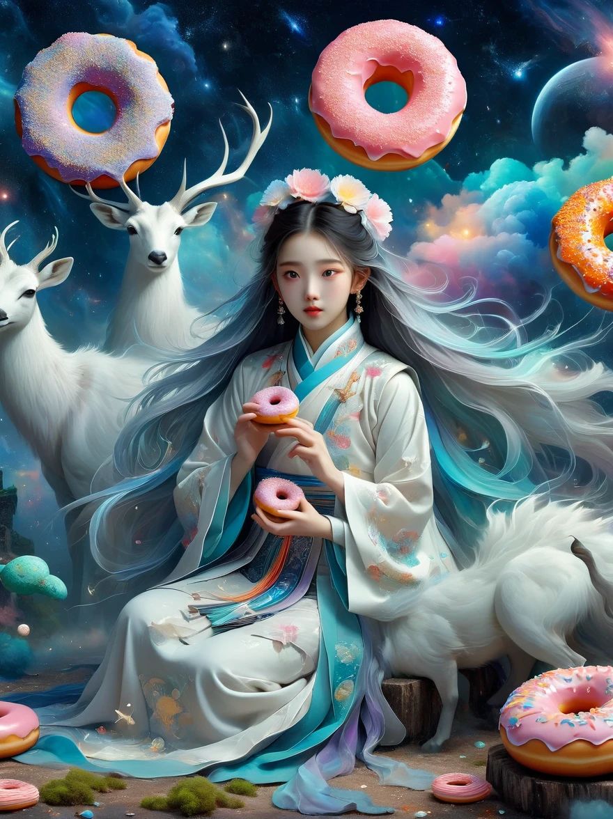 Surreal photos,Seven-Colored Deer Guardian,High-resolution photos,Huge and beautiful seven-colored deer,A peaceful and dreamy scene,A little girl in Hanfu sits next to a giant seven-colored deer,(((Eating donuts))),Donut crumbs fell on the ground,Bitten donut,Detailed donut eating action,The little girl is very cute,Detailed facial details,The background is a magical forest full of spirituality,Create a soft and ethereal atmosphere。The overall composition is beautiful,microorganism,plant,Marine life,Exquisite eyes,Starry Sky,Stitching together an abstract painting,Describing the inner world of autistic people,Sense of space,White Space,interesting,Innocence,Psychedelic Art