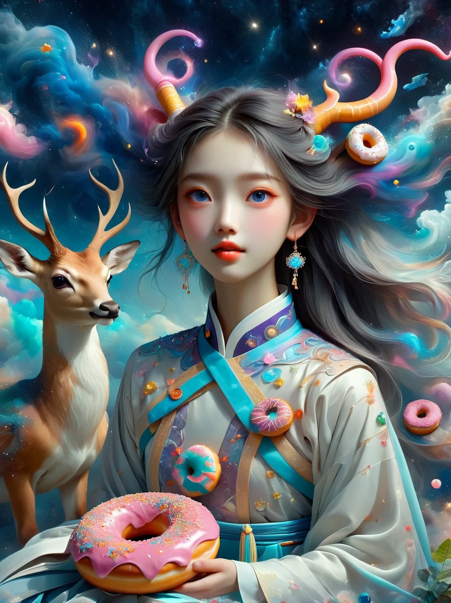 Surreal photos，Seven-Colored Deer Guardian，High-resolution photos，Huge and beautiful seven-colored deer，A peaceful and dreamy scene，A little girl in Hanfu sits next to a giant seven-colored deer，(((Eating donuts)))，Donut crumbs fell on the ground，Bitten donut，Detailed donut eating action，The little girl is very cute，Detailed facial details，The background is a magical forest full of spirituality，Create a soft and ethereal atmosphere。The overall composition is beautiful，microorganism，plant，Marine life，Exquisite eyes，Starry Sky，Stitching together an abstract painting，Describing the inner world of autistic people，Sense of space，White Space，interesting，Innocence，Psychedelic Art