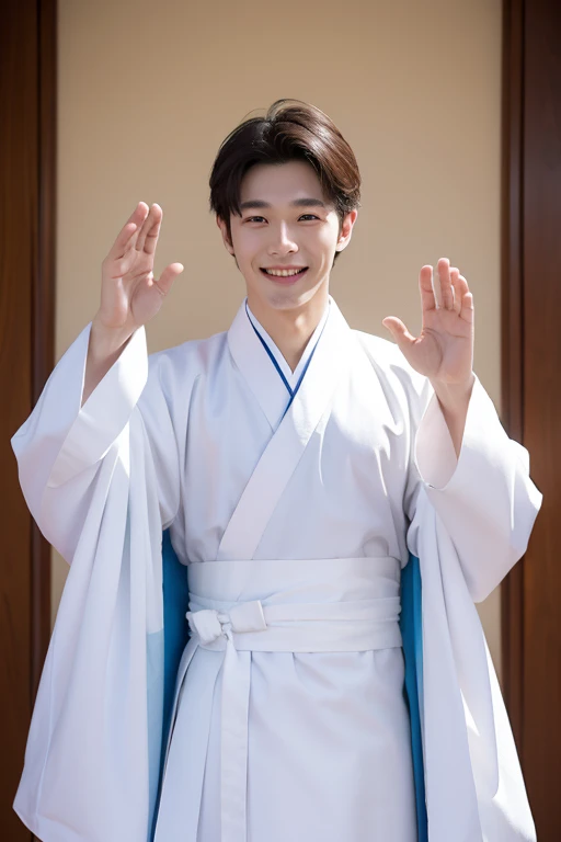  Handsome Korean man wearing white hanbok and smiling, straight ahead, raise both hands high, 8k