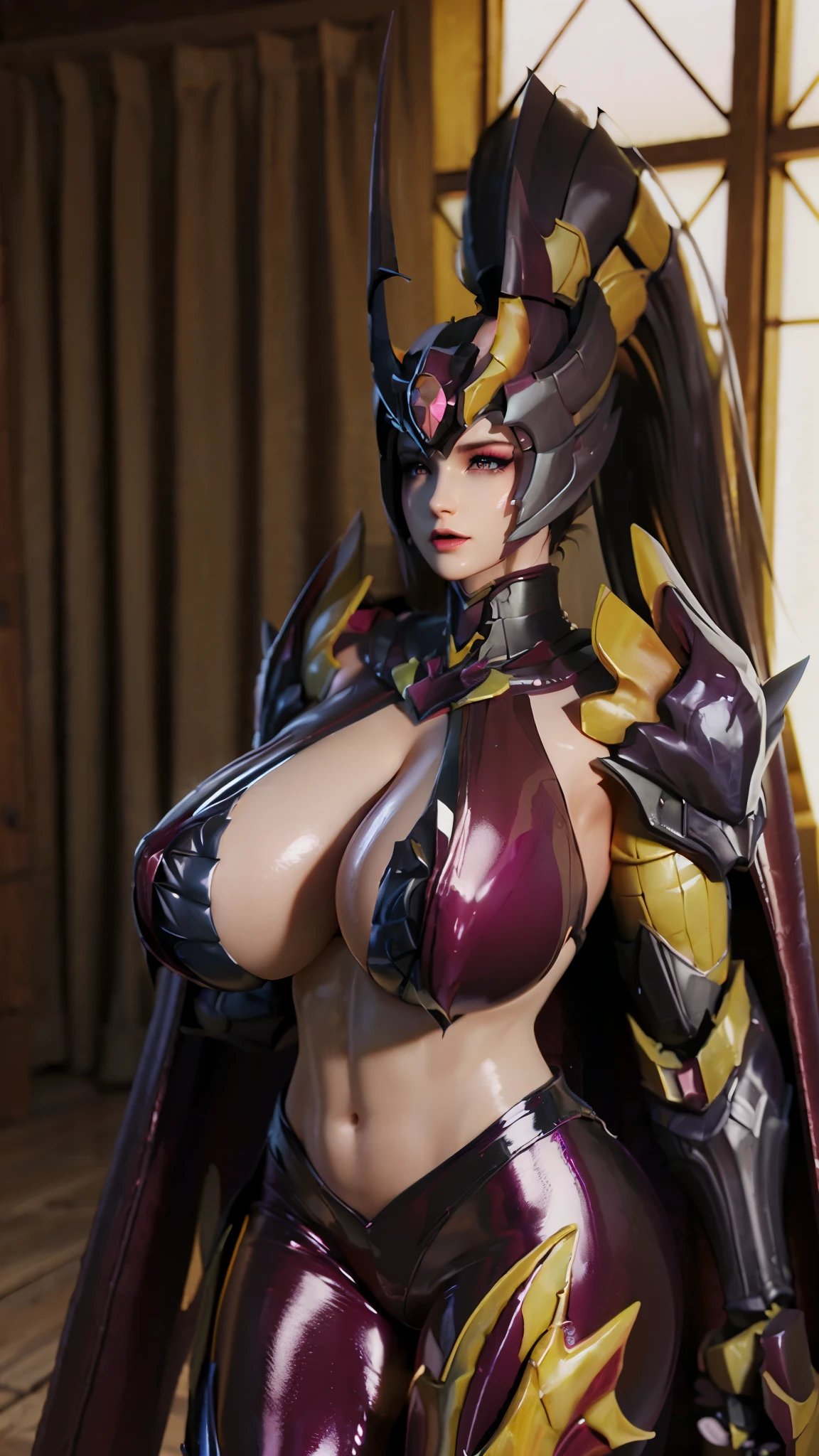 TEKKEN_REINA, CLOSE UP UPPER BODY,SOLO, COWBOY SHOT, ((EVIL DRAGON HORN MECHA HELMET,WHITE HIGHT PONYTAIL HAIR)), (GIGANTIC FAKE BREASTS,CLEAVAGE TOP,11 LINE ABS:1.5), ((WEARING OUTFIT MECHA GOLDEN CRIMSON DARK EVIL DRAGONOID ARMORED, LONG CAPE, SKINTIGHT PANTS:1.5)), (MUSCULAR BODY SHAPE:1.5), (CLEAN GLOSSY BODYSKIN:1.5), (LOOKING AT VIEWER:1.6), (BACKGROUND FUTURISTIC SPACE STATION:1), (PHOTOREALSITIC:1.4), (ULTRA-DETAILLIERT), (TOP-QUALITY), (BEST SHADOWS), BRIGHT LIGHT IN ROOM, HYPER TEXTURE, (4X MSAA), ((UNREAL ENGINE 5 RENDER)), (NEON), PHYSICALLY-BASED RENDERING, ULTRA HIGHT DEFINITION, 16K, 1080P.