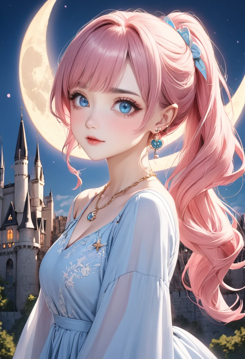 1 female　Pink hair ponytail　Thin pink eyebrows　Dull light blue eyes　society　Pastel blue long dress　Inside the castle　full moon 　Crescent moon hair accessory　Earrings and matching necklace