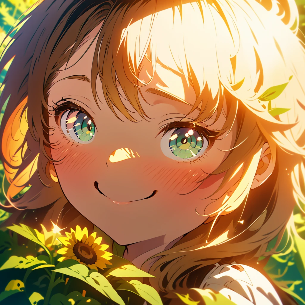 kawaii, anime, Cute, hyper quality, highly detailed, 8k, Clarity, Draw facial expressions in detail, Girl with long dark brown hair and green eyes, sunflower, art, colorful, art, fine, whole body, smile,