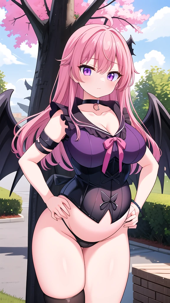 masterpiece, best quality, intricate, absurdres, cowboy shot, 1girl, solo, detailed background, Firika, (pregnant), pink hair, purple eyes, black wings, corset, (innerboob), large breasts, collar, armband, high collared shirt, collarbone, choker, string panties, highleg panties, 8k, hdr, (outdoors, cloudy sky, tree), hands on hips,