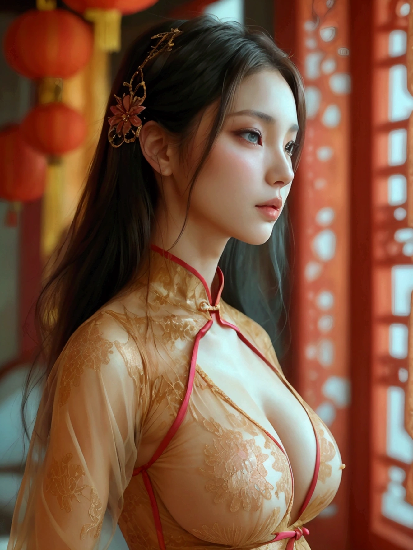 Create an image of a beautiful woman wearing a tight, skin-tight Chinese dress with a cleavage on the side, exposing her stomach to thighs. The fabric is so sheer that the nipples and skin of the wearer can be seen very sexy, and she is not wearing a bra., She can spread her legs wide to show off her genitals., She has a slim face., sharp eyes, long hair, responsive face, high nose, and thin lips, She has light brown hair., Breast size 32 inches with pink nipples., Her waist is 24 inches., Her hips are 33 inches., Her skin was bright and white., And her figure was slim and slightly muscular..